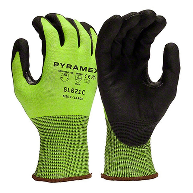Pyramex GL621CS Micro-Foam Nitrile Dipped A5 Cut 18 Gauge HPPE Gloves Hi-Vis Lime Black Small