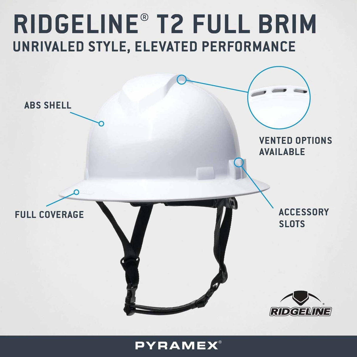 Pyramex HPT256110 Ridgeline T2 Full Brim Hard Hat with 6pt Ratchet Suspension - White - 2
