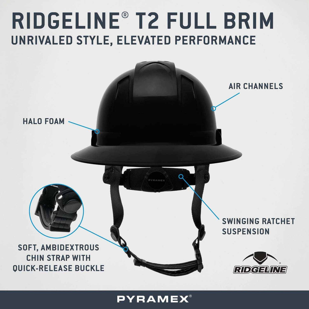 Pyramex HPT256111 Ridgeline T2 Full Brim Hard Hat with 6pt Ratchet Suspension - Black - 3