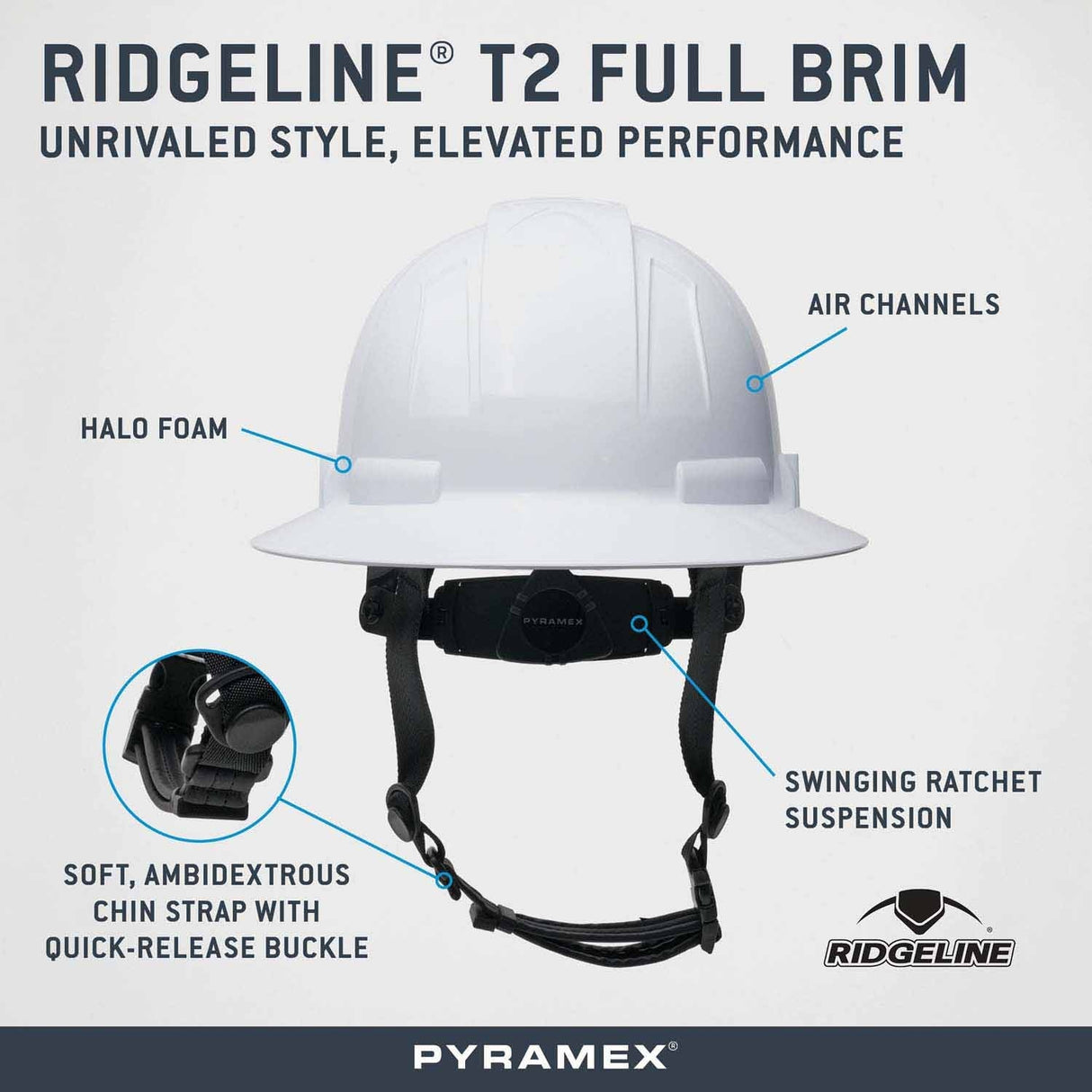 Pyramex HPT256130 Ridgeline T2 Full Brim Hard Hat - Yellow - 6pt Ratchet Suspension - 3