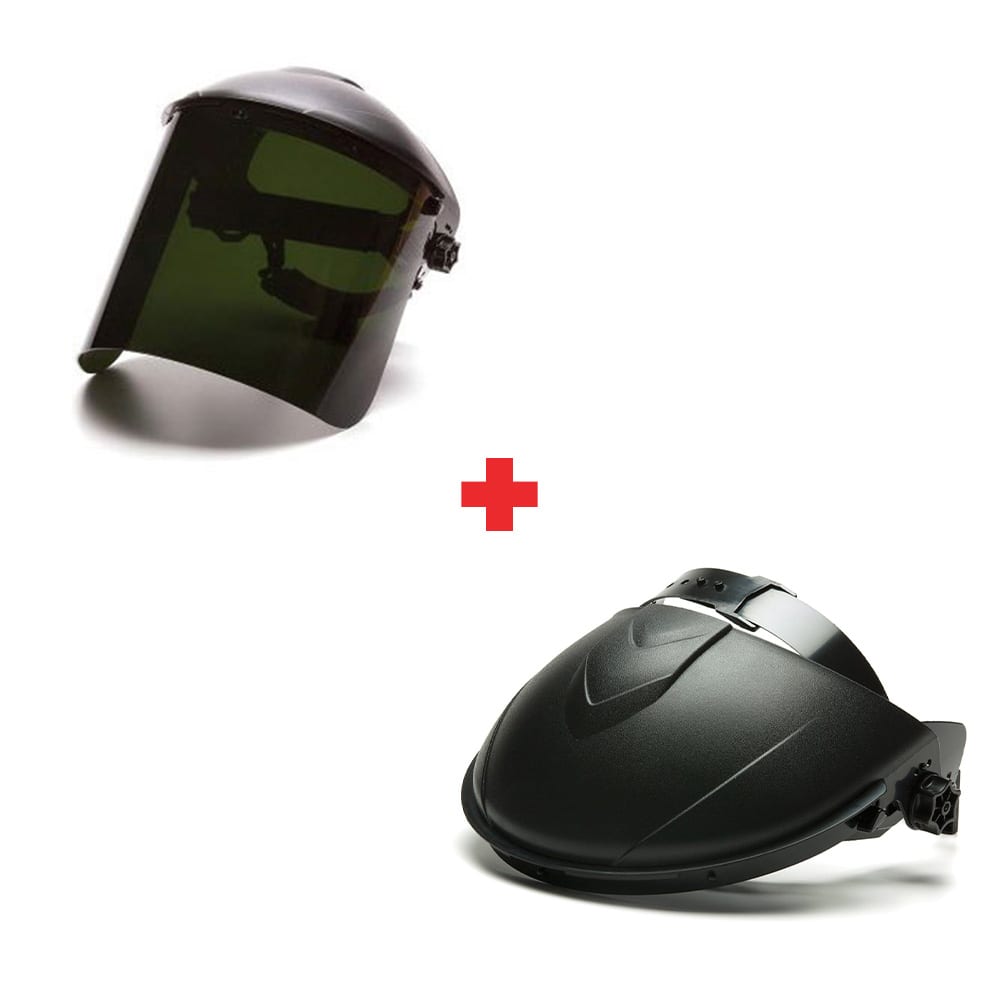 Pyramex S1250 + HGBR Ridgeline Black Ratchet Headgear with Green PC Face Shield IR 5.0 - 2