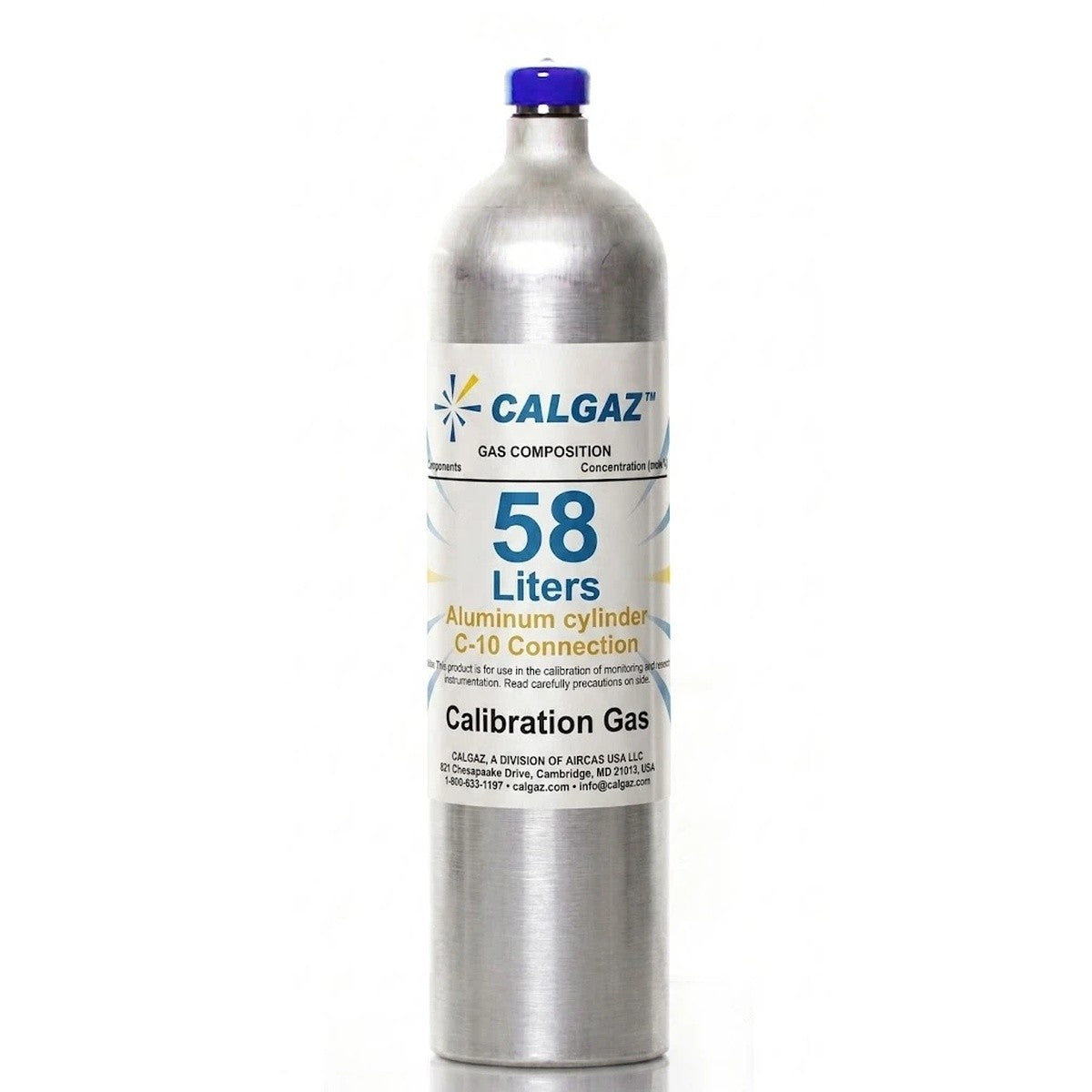 RKI 81-0143RK-02 Calibration Gas Cylinder, 58 Liter Aluminum, Isobutylene 100 ppm / H2S 25 ppm / CO 50 ppm / CH4 50% LEL / O2 12% in N2