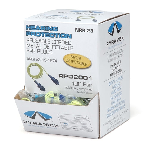 Pyramex RPD2001 Metal Detectable Reusable Corded Earplugs, NRR 27dB, 100 Pairs per Box