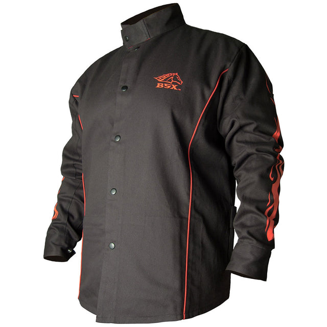 Black Stallion BX9C-L BSX Contoured Flame Resistant Cotton Welding Jacket, Black w/Red Flames, Large