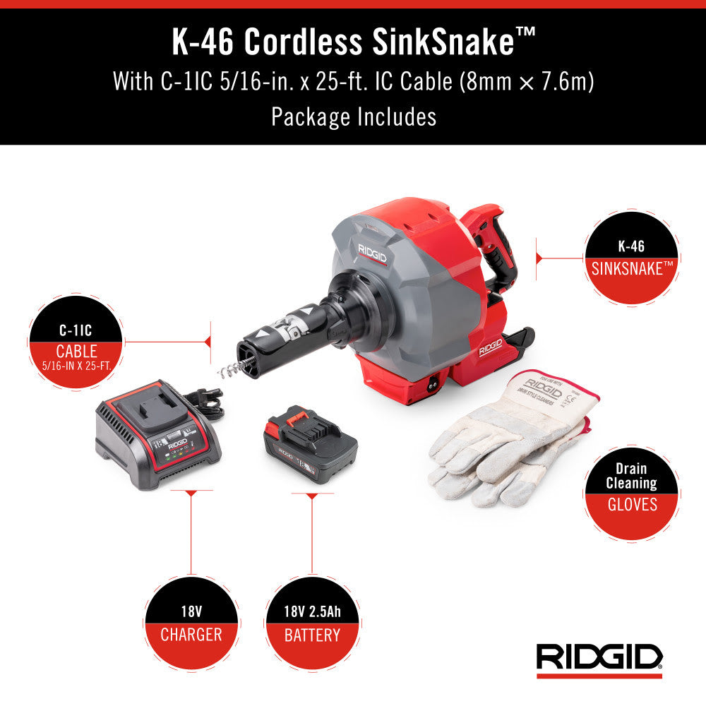 Ridgid 78053 K-46 Cordless SinkSnake with 5/16" x 25' IC Cable, 18V 2.5Ah Battery & Charger - 17