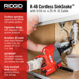 Ridgid 78058 K-46 Cordless SinkSnake Deluxe Kit with 5/16" x 25' Cable, 3/8" x 35' Cable, T-250 Tool Set, Carrying Case, 18V 2.5Ah Battery & Charger - 11