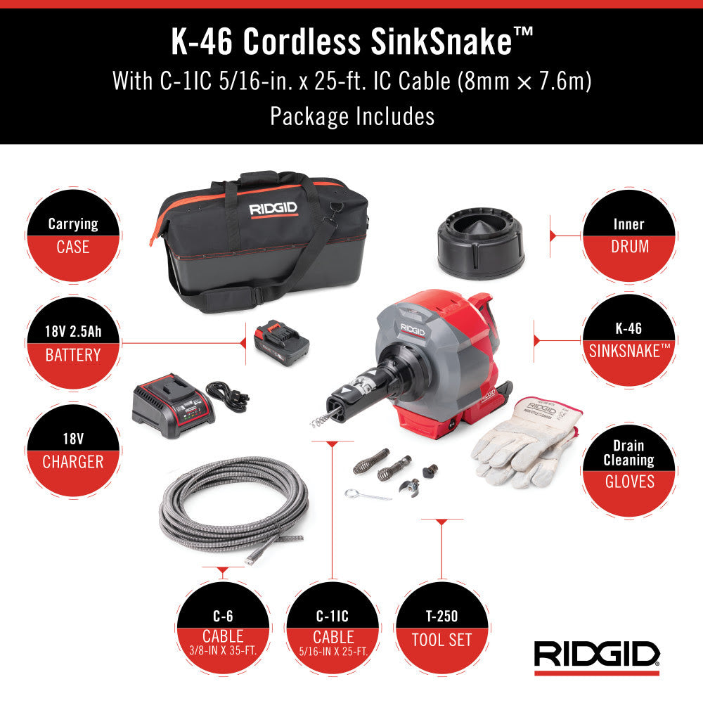 Ridgid 78058 K-46 Cordless SinkSnake Deluxe Kit with 5/16" x 25' Cable, 3/8" x 35' Cable, T-250 Tool Set, Carrying Case, 18V 2.5Ah Battery & Charger - 17