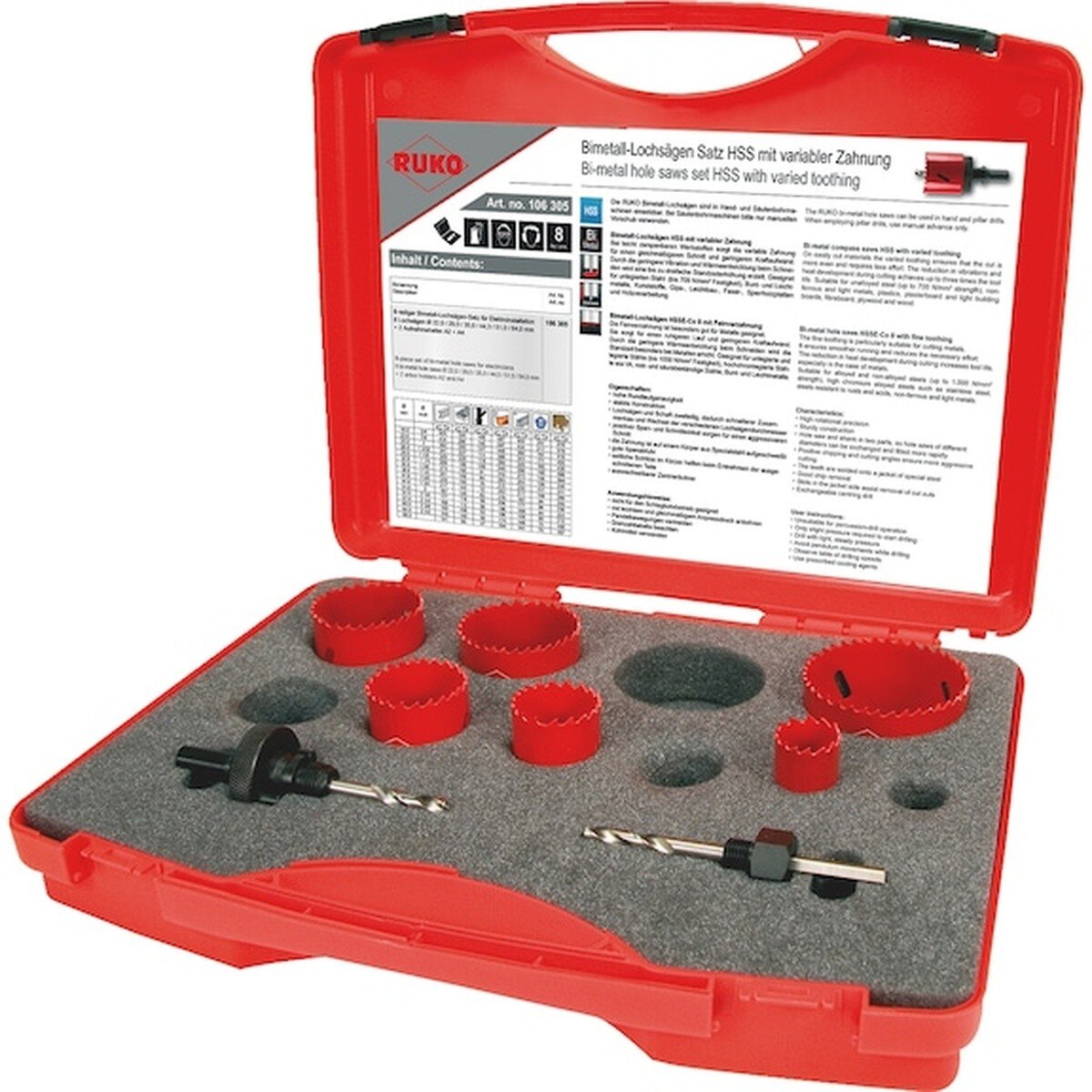 Ruko 106305 HSS Bi-Metal Hole Saw Kit with Arbors A2 and A4, 7/8" to 2-1/2" (8 Pc)