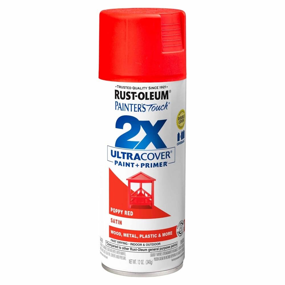 Rust-Oleum 334084 Painter's Touch 2X Ultra Cover Satin Poppy Red Spray Paint, Paint and Primer for Wood, Metal, Plastic (12 oz)