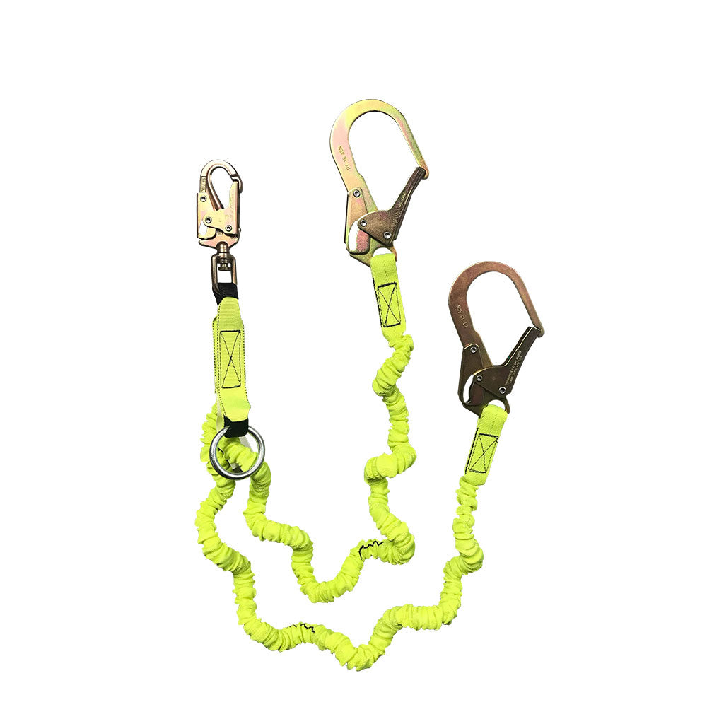 Safewaze 019-2001 6' Dual Leg (100% Tie Off) Combo Stretch Low Profile Energy Absorbing Lanyard W O-Ring, Rebar Hooks And Double Locking Snap Hook