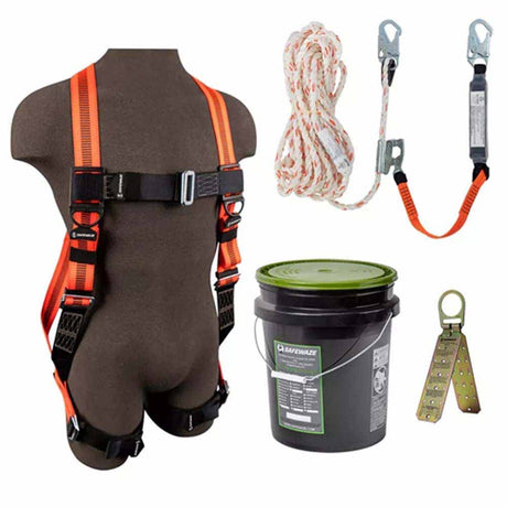 Safewaze FS-ROOF-E Roofing Kit Safety Bucket, 50' Rope W Lanyrd & Rope Grab, Pass-Thru Univ Buckle Harness