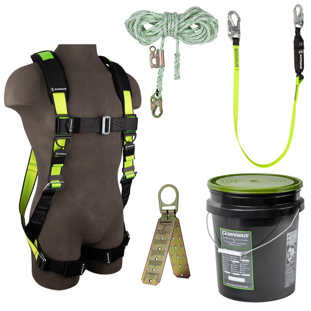 Safewaze FS120-2X PRO Bucket Roof Kit: FS280-2X Harness, FS700-50GA VLL, FS560 Lanyard, FS870 Anchor, 2X