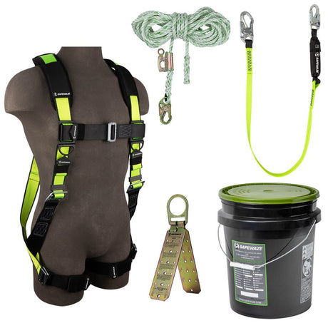 Safewaze FS120-3X PRO Bucket Roof Kit: FS280-3X Harness, FS700-50GA VLL, FS560 Lanyard, FS870 Anchor, 3X