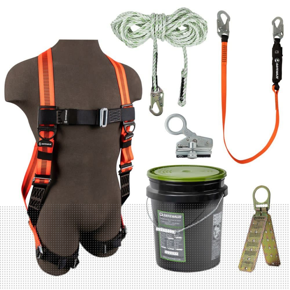 Safewaze FS120-E/1118DC V-Line Bucket Roof Kit: FS99280-E Harness, FS700-50 VLL, FS1118-DC Grab, FS88560-E Lanyard, FS870 Anchor