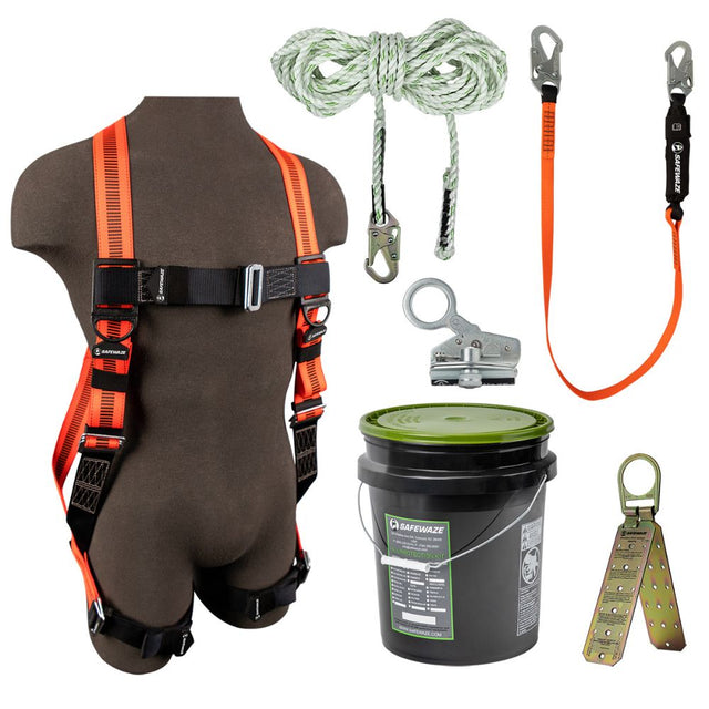 Safewaze FS120-E/1118DC V-Line Bucket Roof Kit: FS99280-E Harness, FS700-50 VLL, FS1118-DC Grab, FS88560-E Lanyard, FS870 Anchor