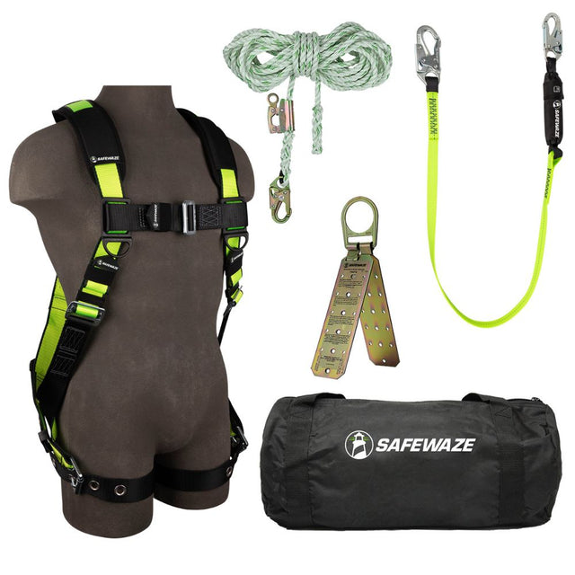 Safewaze FS124-3X PRO Bag Roof Kit: FS185-3X Harness, FS700-50GA VLL, FS560 Lanyard, FS870 Anchor, FS8150 Bag, 3X