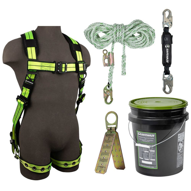 Safewaze FS155-L/XL PRO+ Bucket Roof Kit: FS-FLEX185-L/XL Harness, FS700-50GA VLL, FS8800SP-H Absorber, FS870 Anchor, L/XL