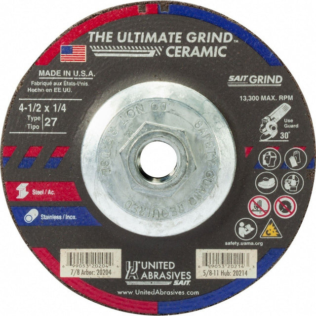 Sait 20214 4-1/2" x 1/4" x 5/8-11 Type 27 Depressed Center Ultimate Grind Ceramic Grinding Wheel