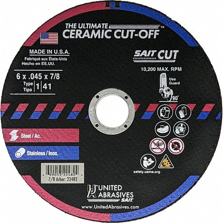 Sait 22482 6" x 0.045" x 7/8" Ultimate Ceramic Type 1 Cut-Off Wheel