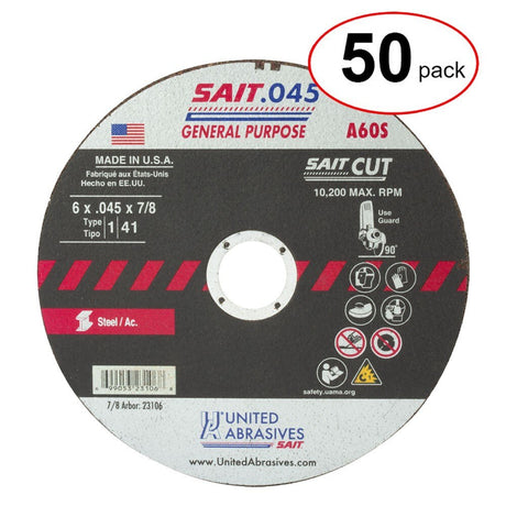 Sait 23106 Type A60S 1 6" x .045" x 7/8" Aluminum Oxide Metal Cut-Off Wheel (50PK)