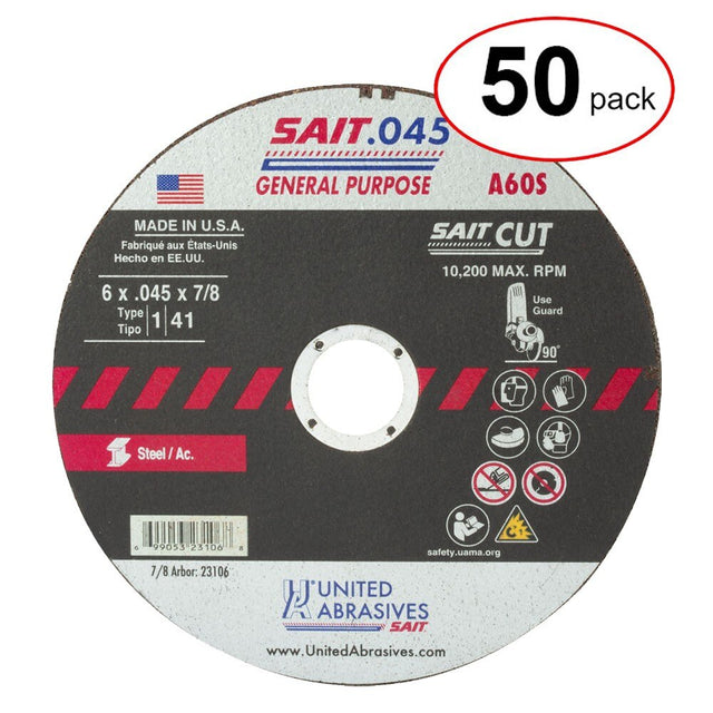 Sait 23106 Type A60S 1 6" x .045" x 7/8" Aluminum Oxide Metal Cut-Off Wheel (50PK)