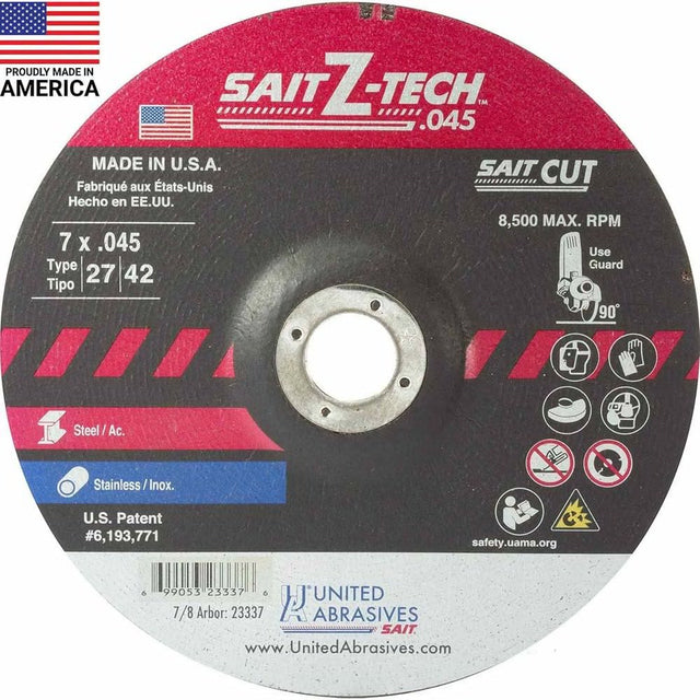 Sait 23334 Z-Tech Type 27 Zirconia Alumina Depressed Center Cut-Off Wheel, 4-1/2 in. x 0.045 in. x 7/8 in. (50 Pack)