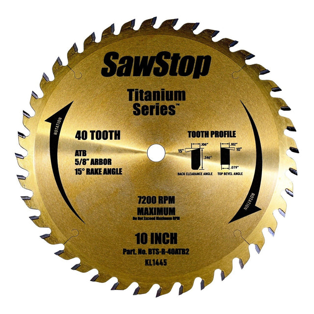 SawStop BTS-R-40ATB2 10" 40 Tooth Titanium Table Saw Blade for Rip and Cross Cuts