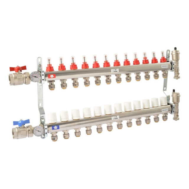 SharkBite 24939 12 Loop Stainless Steel Radiant Heating Manifold with 1 in. FNPT Inlet