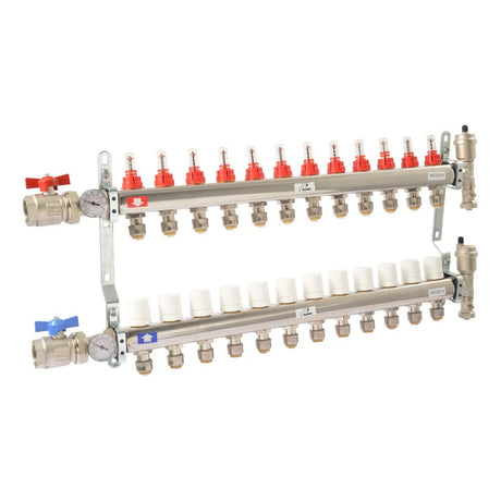 SharkBite 24939 12 Loop Stainless Steel Radiant Heating Manifold with 1 in. FNPT Inlet