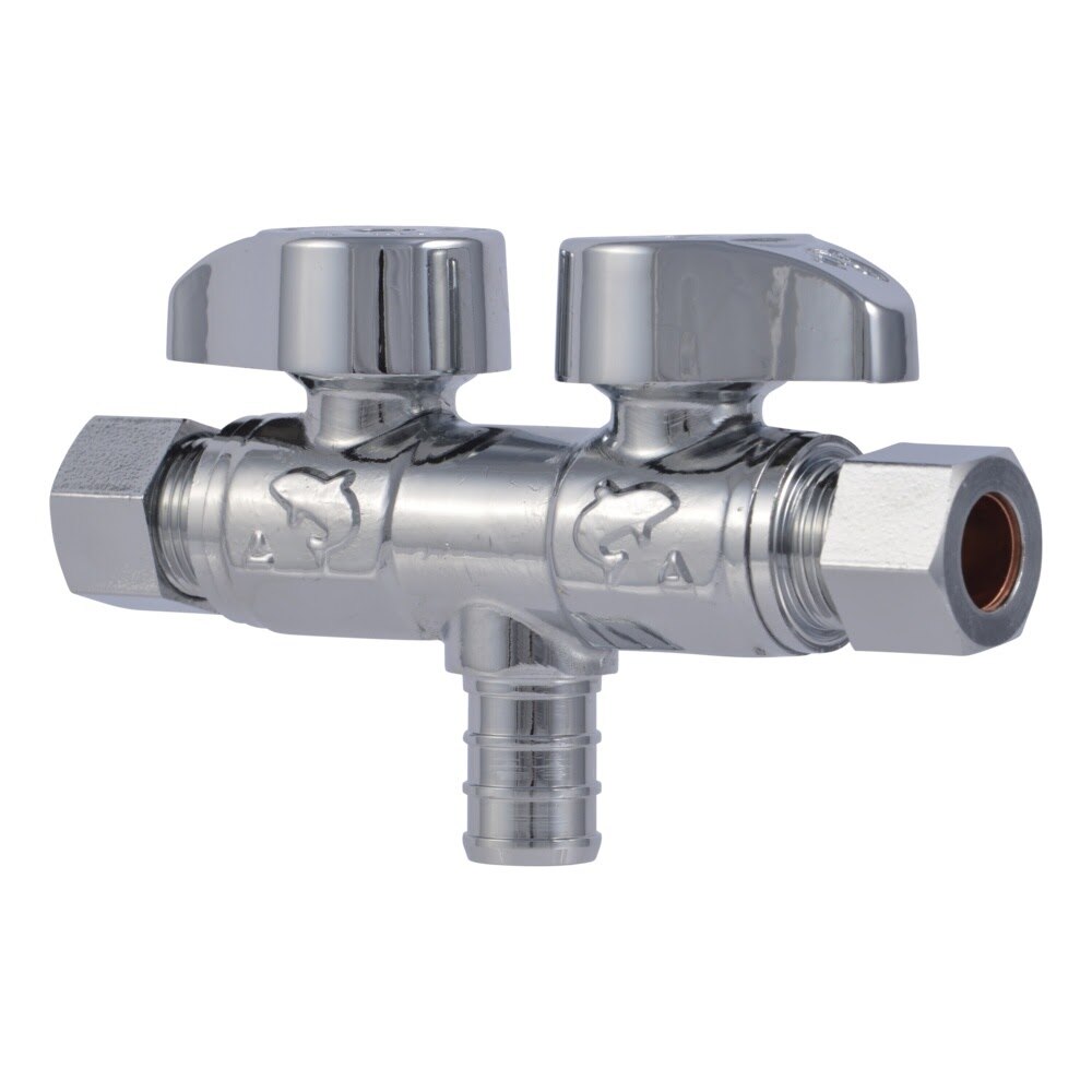 SharkBite UCDS123838 Brass Quarter Turn Dual Shut Off Angle Stop Valve 1/2 in. x 3/8 in. OD x 3/8 in. OD - 3