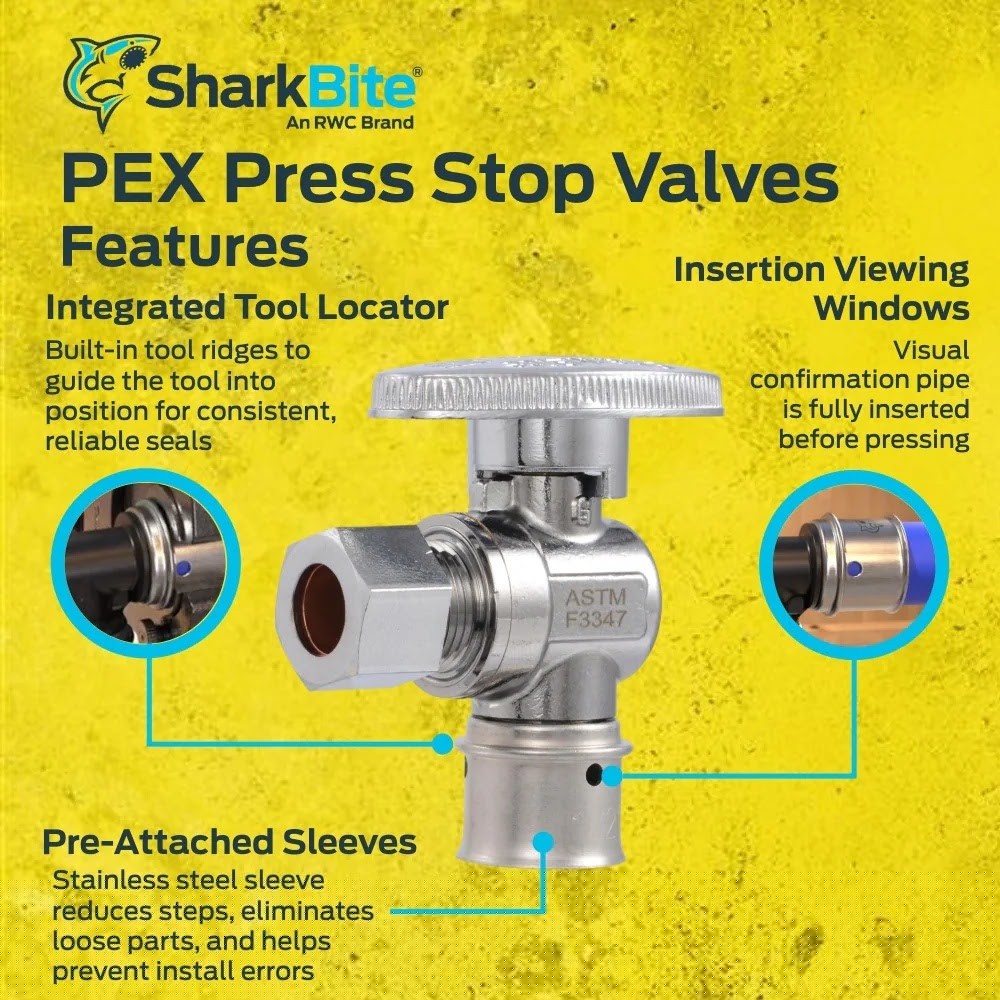 SharkBite UCP23058 1/2 in. Press x 3/8 in. OD Compression Brass Quarter Turn Angle Stop Valve - 2
