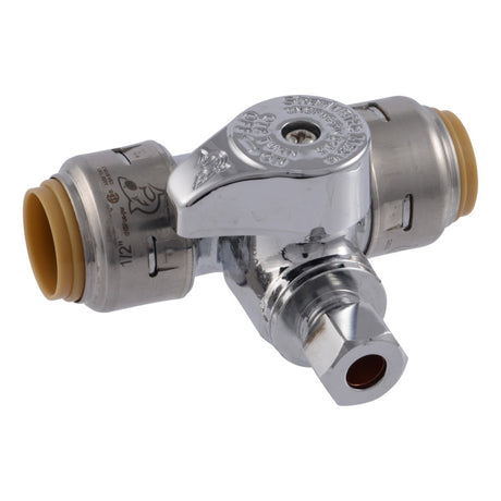 SharkBite UR24983A 1/2 in. Push-to-Connect x 1/2 in. Push-to-Connect x 1/4 in. OD Compression Chrome-Plated Brass Service Stop Tee