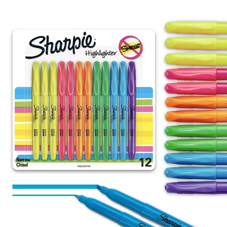 Sharpie 27145 Pocket Highlighters Narrow Chisel Tip Quick Dry Assorted Fluorescent Colors (12 Count)