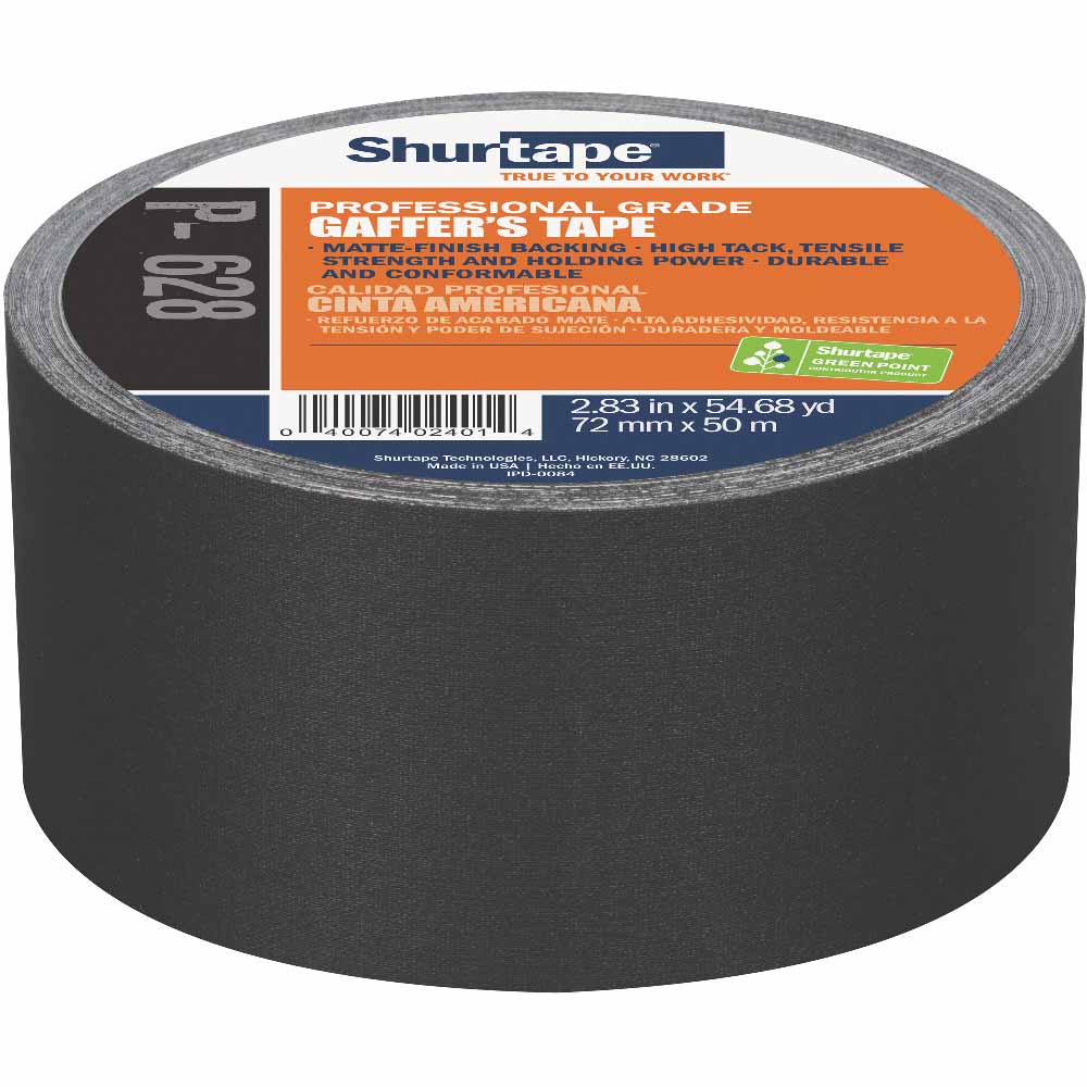 Shurtape 181204 P-628 Professional Coated 3" Gaffer's Tape, Black, 72mm x 50m