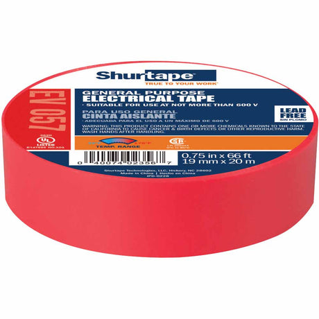 Shurtape 200784 EV 057 UL Listed Electrical Tape, Red, 3/4in x 66ft