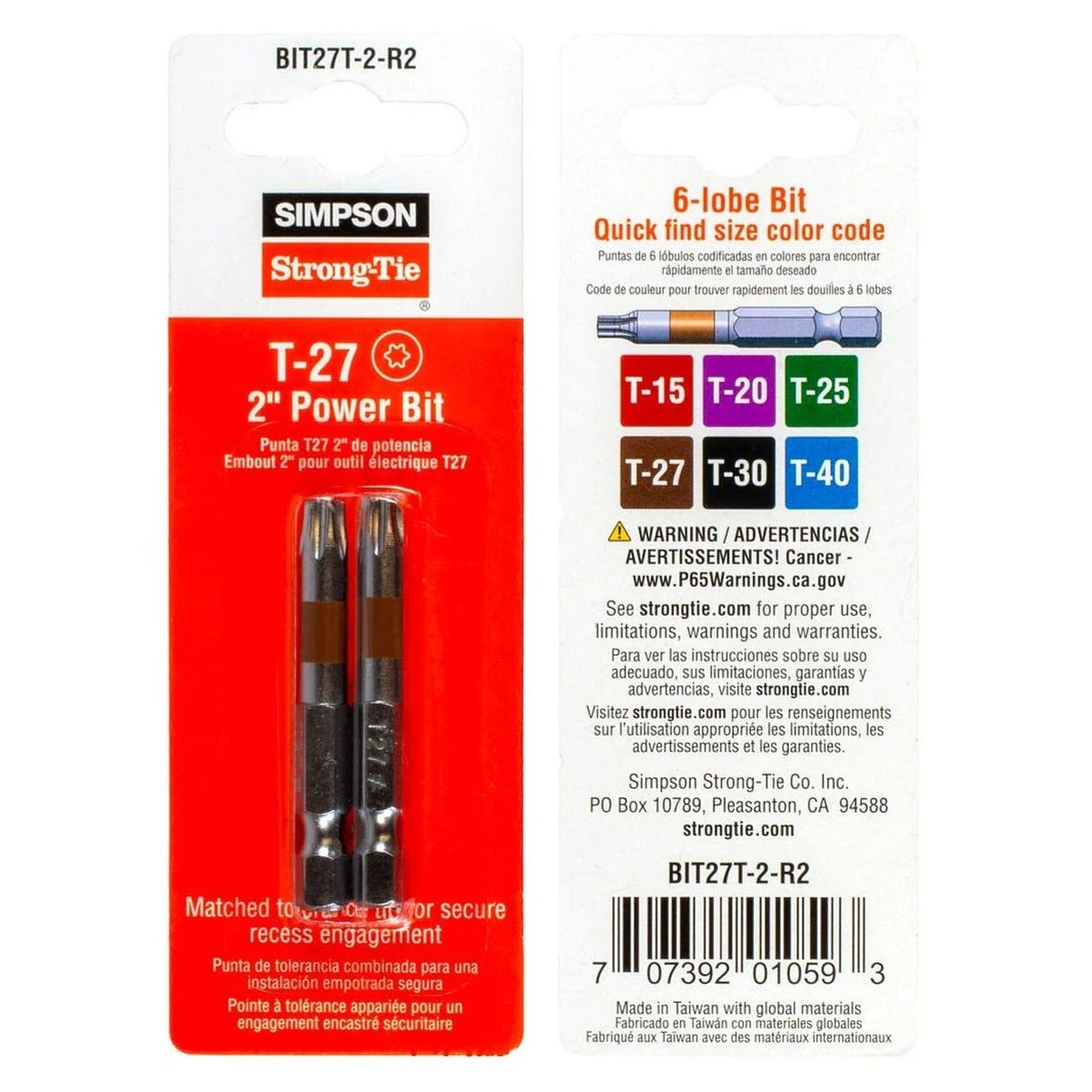 Simpson Strong-Tie BIT27T-2-R2 (T27 x 2") 6-Lobe-Drive Power Bit (2 Pack) - 2