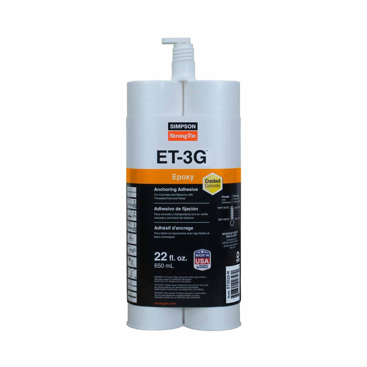 Simpson ET3G22-N Strong-Tie Epoxy Anchoring Adhesive Cartridge for Concrete and Masonry (1 Pack)