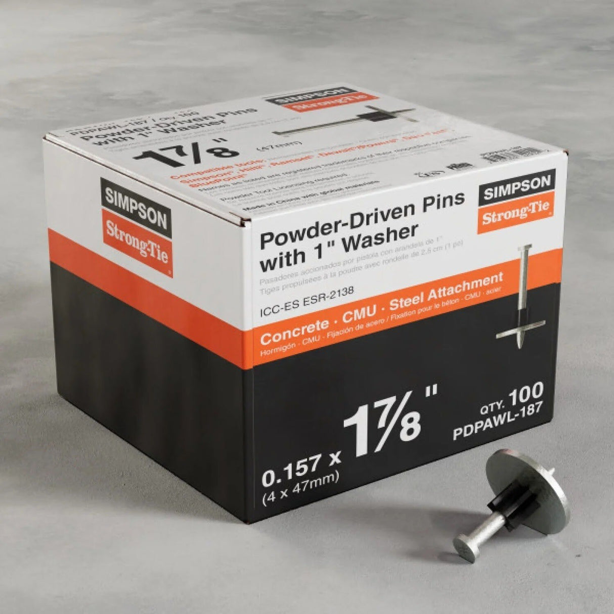 Simpson Strong-Tie PDPAWL-187 (1-7/8") Powder-Actuated Pin with Washer Mechanically Galvanized Steel (100 Pack) - 3
