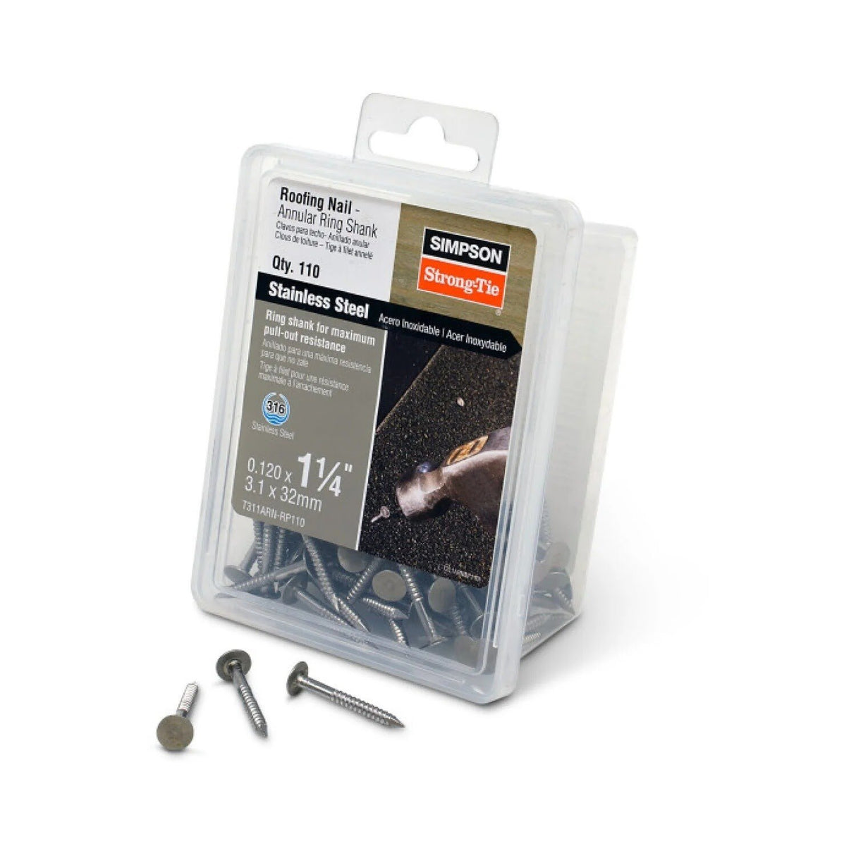 Simpson Strong-Tie T511ARN-RP25 (1-3/4" x 0.120") Roofing Nail, Annular Ring Shank, Type 316 Stainless Steel (25 Pack) - 2