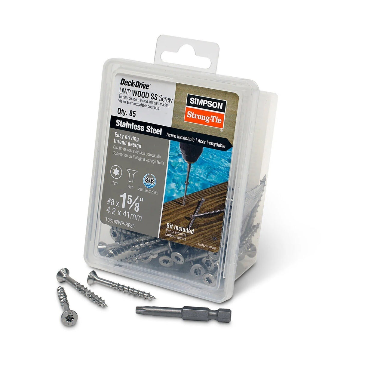 Simpson Strong-Tie T08162WP-RP85 Deck-Drive (#8 x 1-5/8") T-20 DWP Wood SS Screw, Flat Head, Type 316 (85 Pack) - 2
