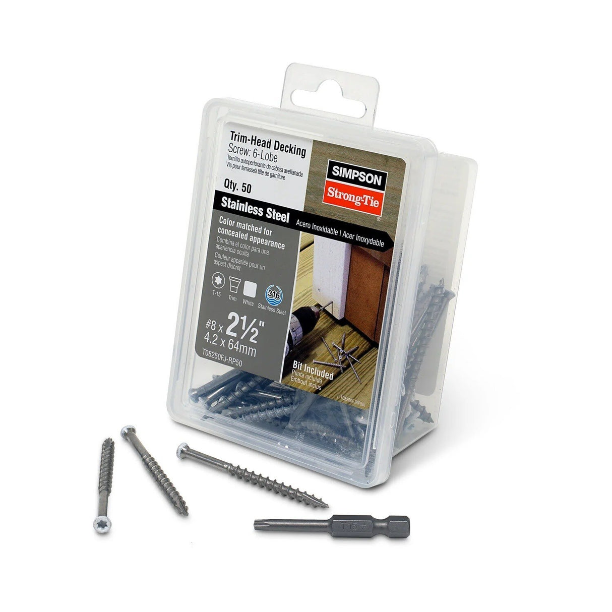 Simpson Strong-Tie T08250FJ-RP50 (#8 x 2-1/2") Trim-Head Screw, 6-Lobe Drive - Type 316, White 01 (50 Pack) - 2