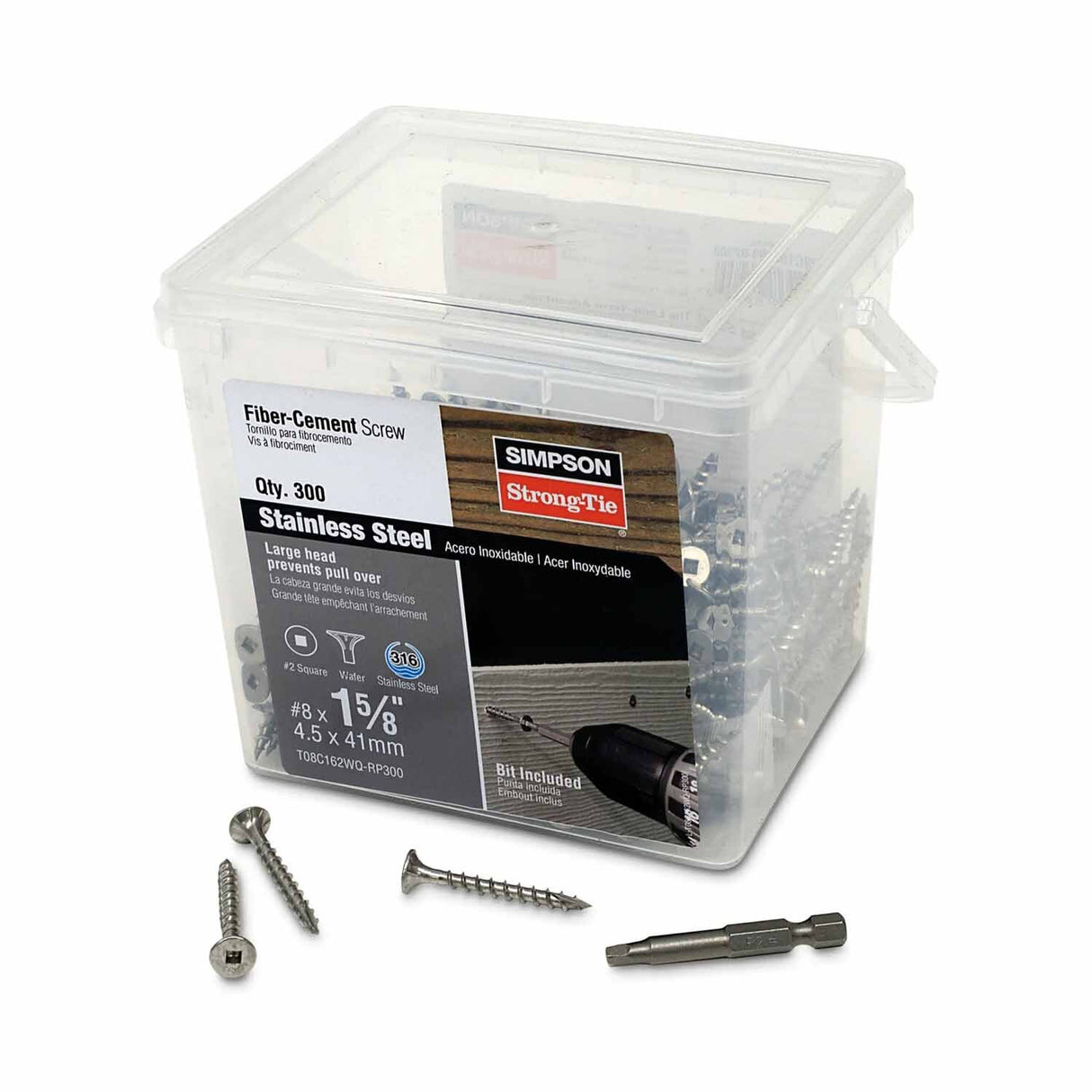 Simpson Strong-Tie T08C162WQ-RP300 (#8 x 1-5/8" #2) Fiber-Cement Screw Ribbed Wafer Head, Type 316 (300 Pack)