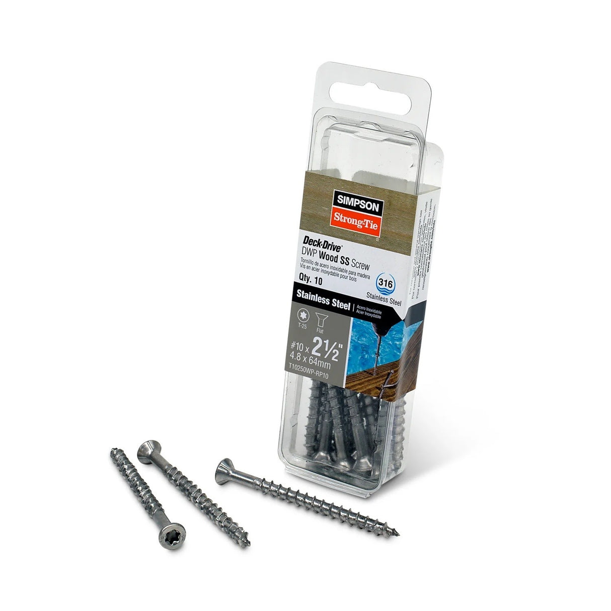 Simpson Strong-Tie T10250WP-RP10 Deck-Drive (#10 x 2-1/2") T-25 DWP Wood SS Screw, Flat Head, Type 316 (10 Pack)