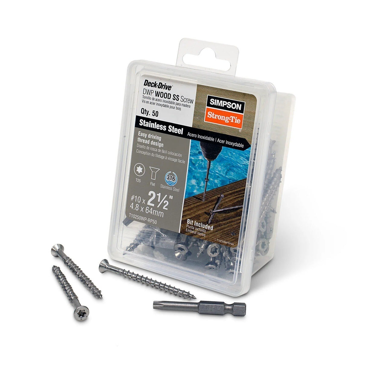 Simpson Strong-Tie T10250WP-RP50 Deck-Drive (#10 x 2-1/2") T-25 DWP Wood SS Screw, Flat Head, Type 316 (50 Pack)