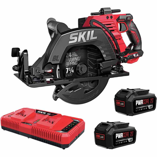 Skil CR5429B-20 PWRCore 20 Brushless 2x20V 7-1/4 In. Rear Handle Circular Saw with Two 5.0Ah Batteries and Dual Port Auto PWR JUMP Charger