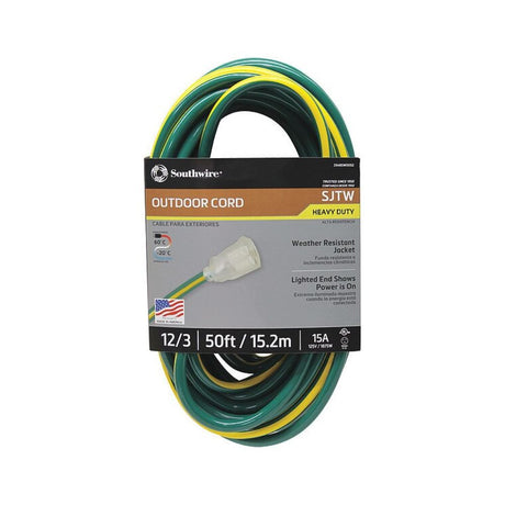 Southwire 2548SW0052 50' Extension Cord, 12/3 Gauge SJTW (Weather Resistant), Dark Green/Yellow Color, Low Energy