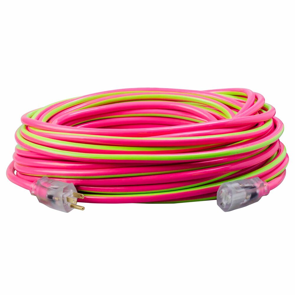 Southwire 2549SW0077 12/3 100' SJTW Pink/Green Extension Cord with Lighted End