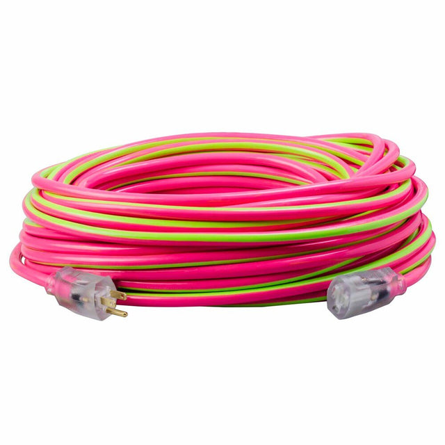 Southwire 2549SW0077 12/3 100' SJTW Pink/Green Extension Cord with Lighted End