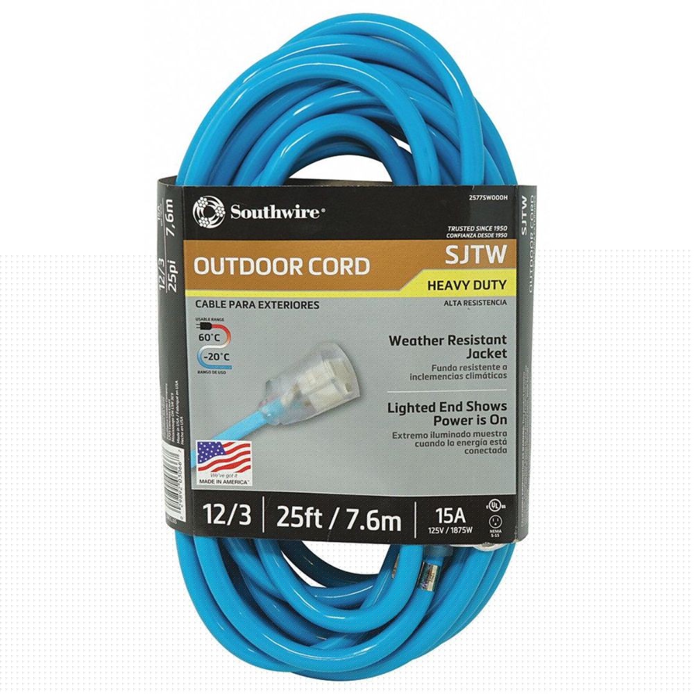 Southwire 2577SW000H 25' Extension Cord, 12/3 Gauge SJTW, Cool Blue Color, Low Energy