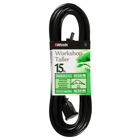 Southwire 258 15' General Purpose Extension Cord, 16/2 Gauge SJTW, Black Color